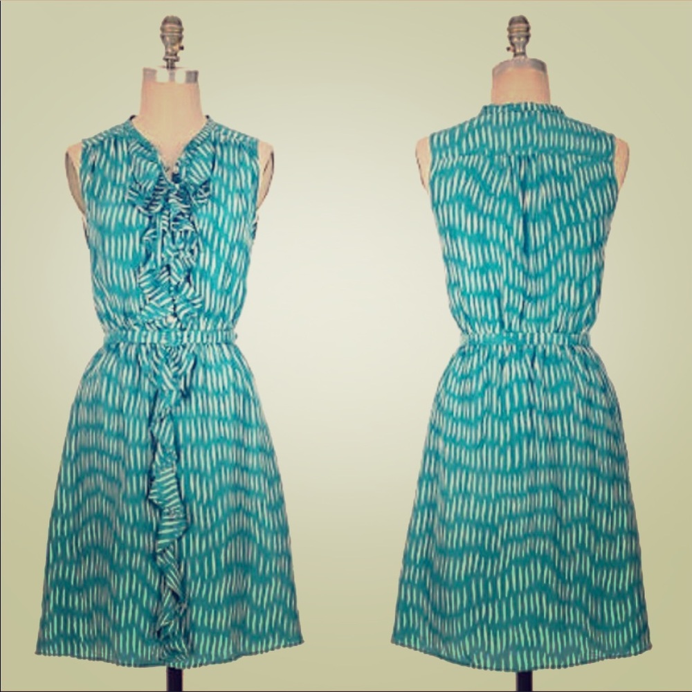 Anthropologie Teal Ikat Sleeveless Ruffle-Front Dress